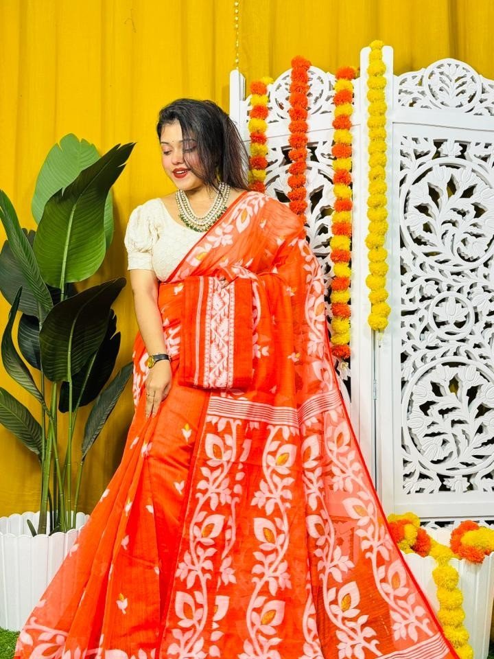 Loto Pata Soft Tomato Red Jamdani Sari - Image 4