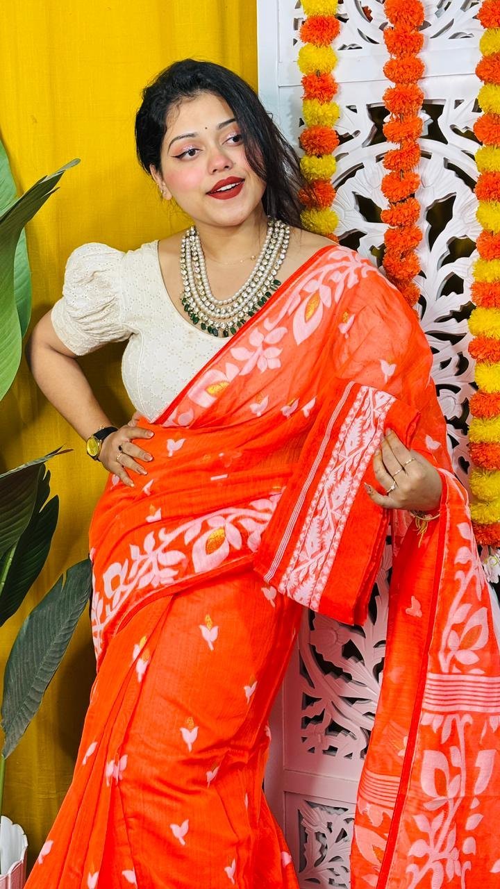 Loto Pata Soft Tomato Red Jamdani Sari - Image 3