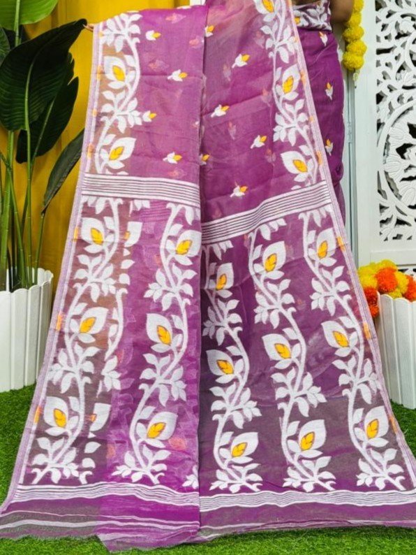Loto Pata Soft Warm Purple Jamdani Sari - Image 2