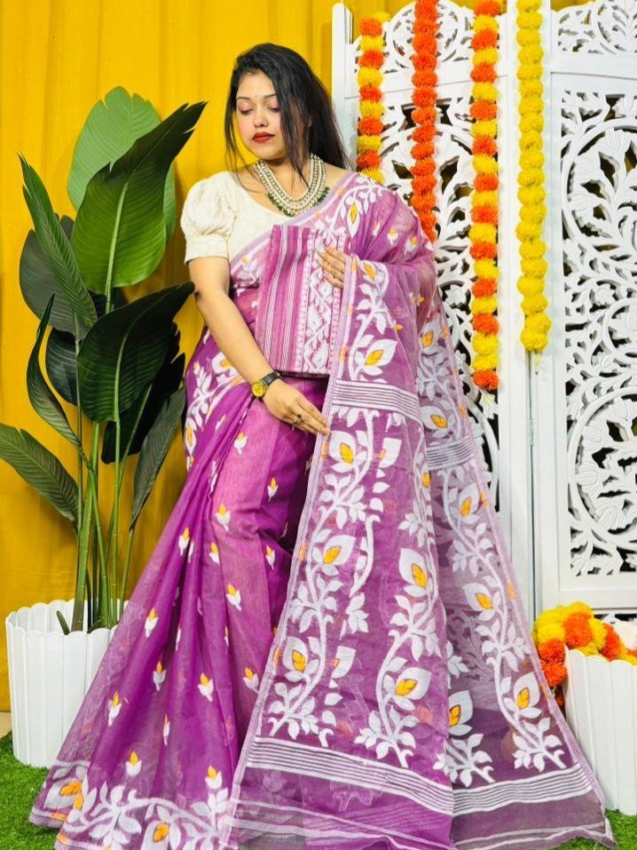 Loto Pata Soft Warm Purple Jamdani Sari - Image 4