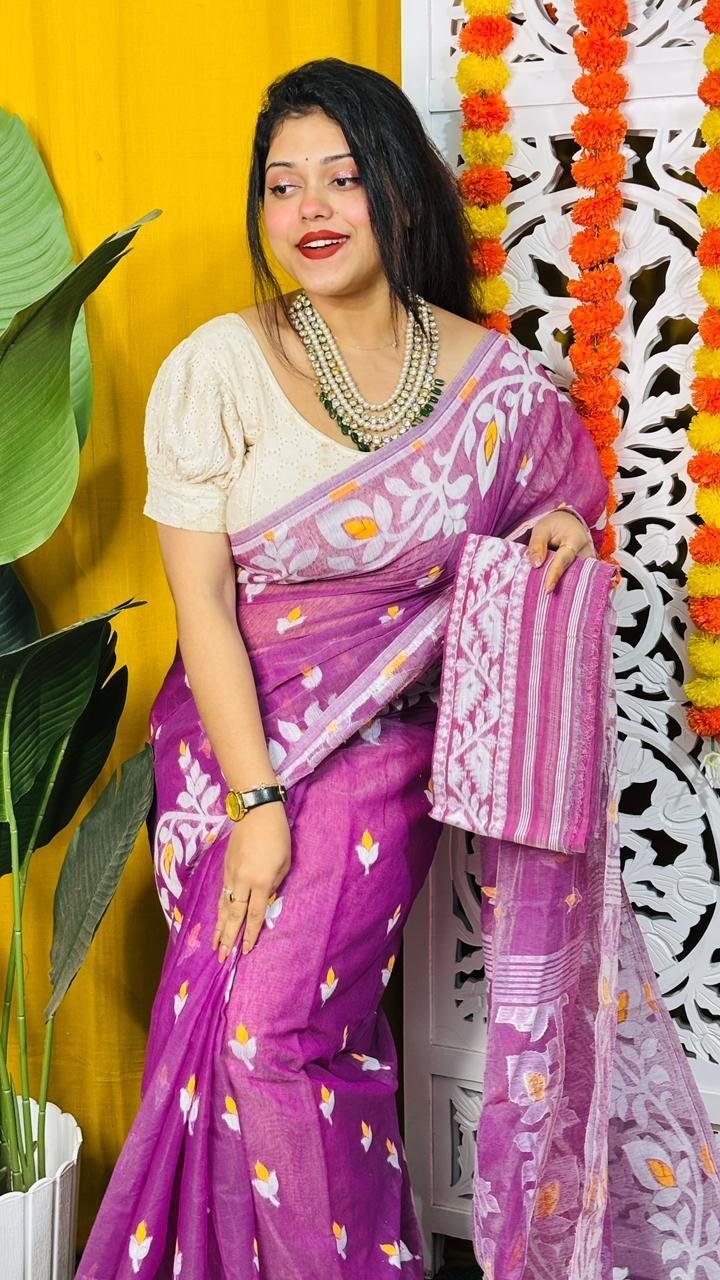 Loto Pata Soft Warm Purple Jamdani Sari - Image 3