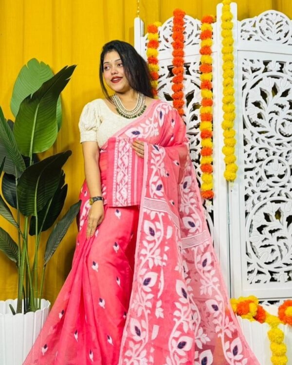 Loto Pata Soft Watermelon Jamdani Sari