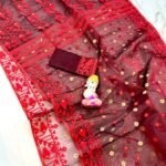 Maroon Soft Buti Karat Jamdani Sari With Blouse Piece