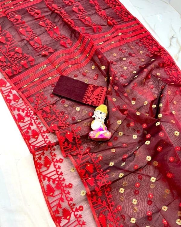 Maroon Soft Buti Karat Jamdani Sari With Blouse Piece