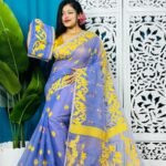 Moody Blue Soft Lota Jamdani Sari With Blouse Piece