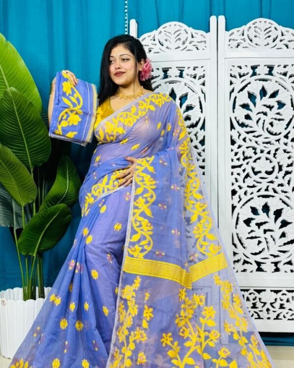 Moody Blue Soft Lota Jamdani Sari With Blouse Piece