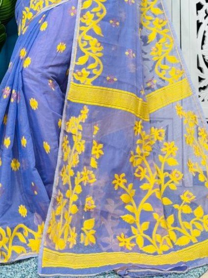 Moody Blue Soft Lota Jamdani Sari With Blouse Piece