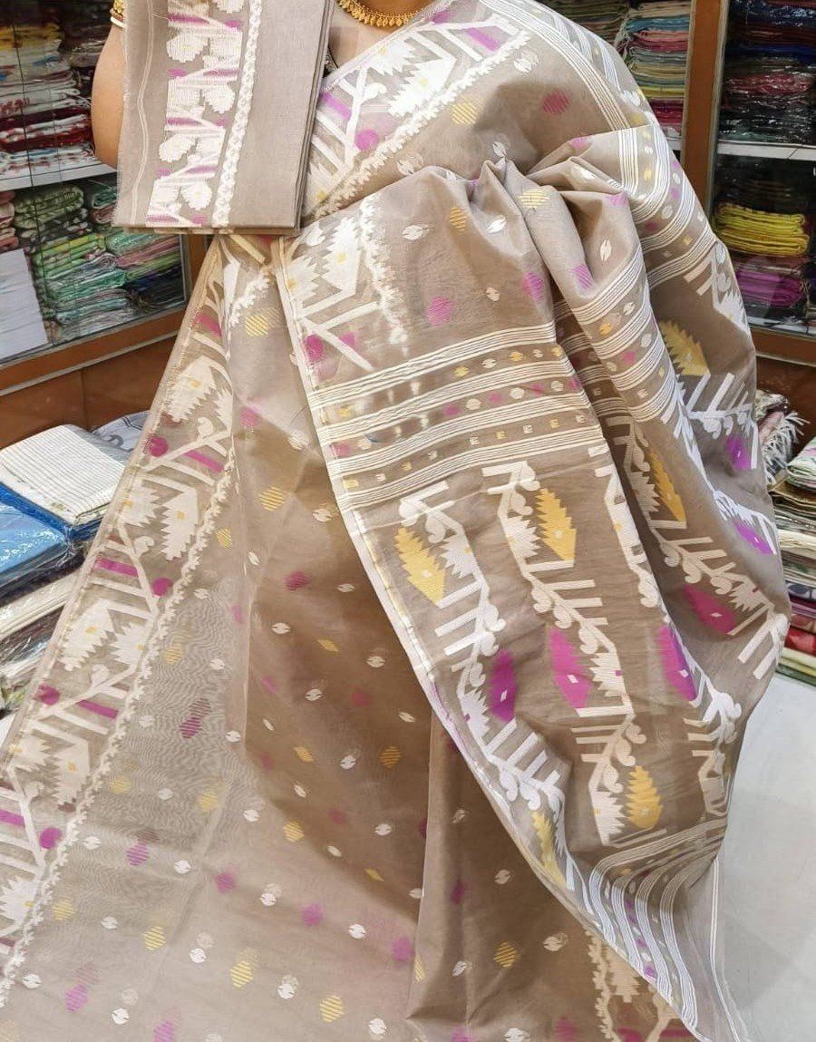 Mushroom Soft Dhakai Jamdani Sari With Blouse Piece