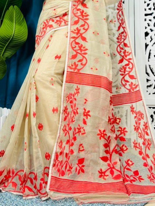 Mushroom Soft Lota Jamdani Sari With Blouse Piece