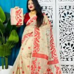 Mushroom Soft Lota Jamdani Sari With Blouse Piece