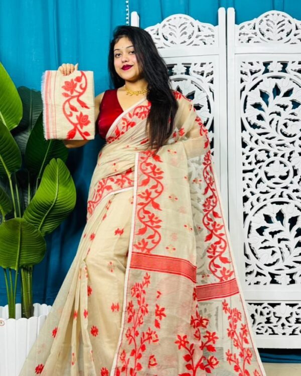 Mushroom Soft Lota Jamdani Sari With Blouse Piece