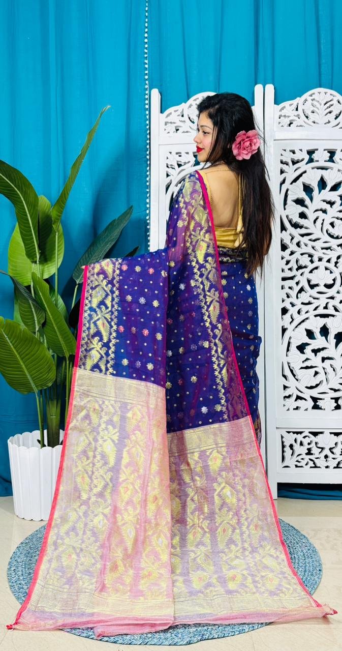 Navy Blue Soft Golden Buti Jamdani Sari With Blouse Piece
