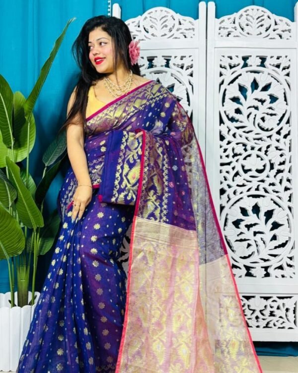 Navy Blue Soft Golden Buti Jamdani Sari With Blouse Piece