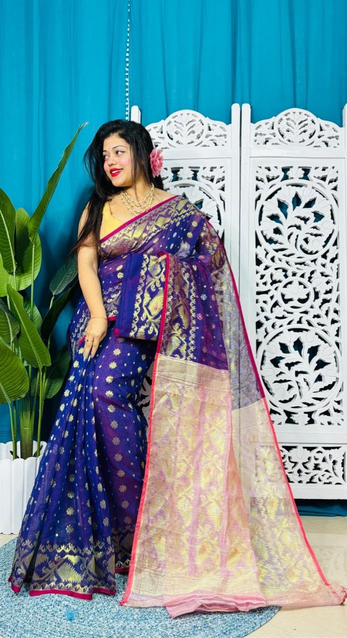 Navy Blue Soft Golden Buti Jamdani Sari With Blouse Piece