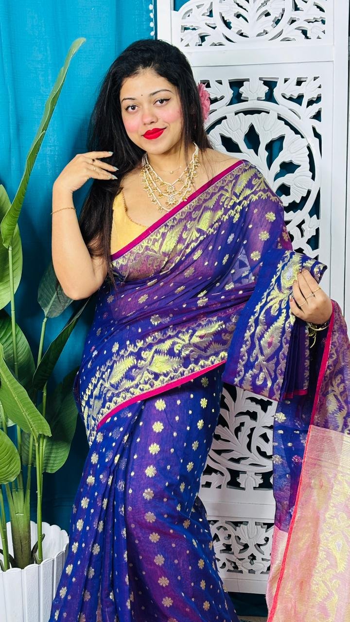 Navy Blue Soft Golden Buti Jamdani Sari With Blouse Piece