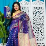 Navy Blue Soft Golden Buti Jamdani Sari With Blouse Piece