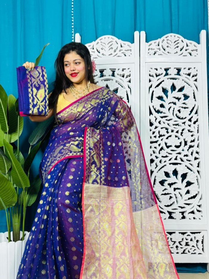Navy Blue Soft Golden Buti Jamdani Sari With Blouse Piece