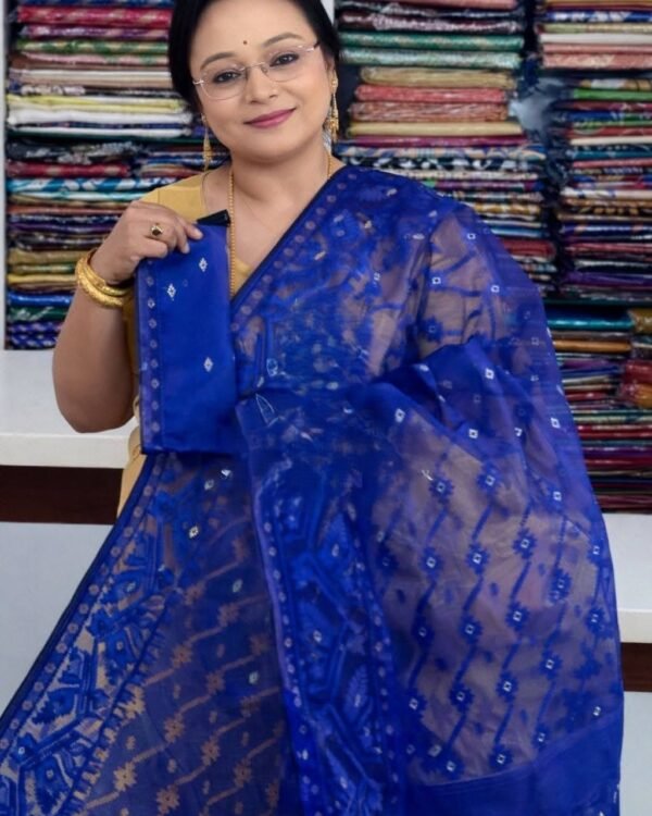 Navy Blue Soft Buti Jamdani Sari With Blouse Piece