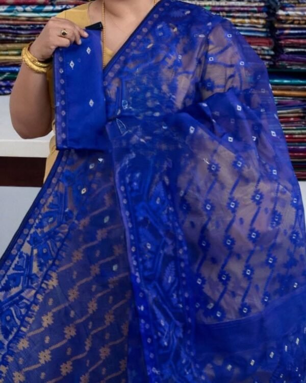 Navy Blue Soft Buti Jamdani Sari With Blouse Piece