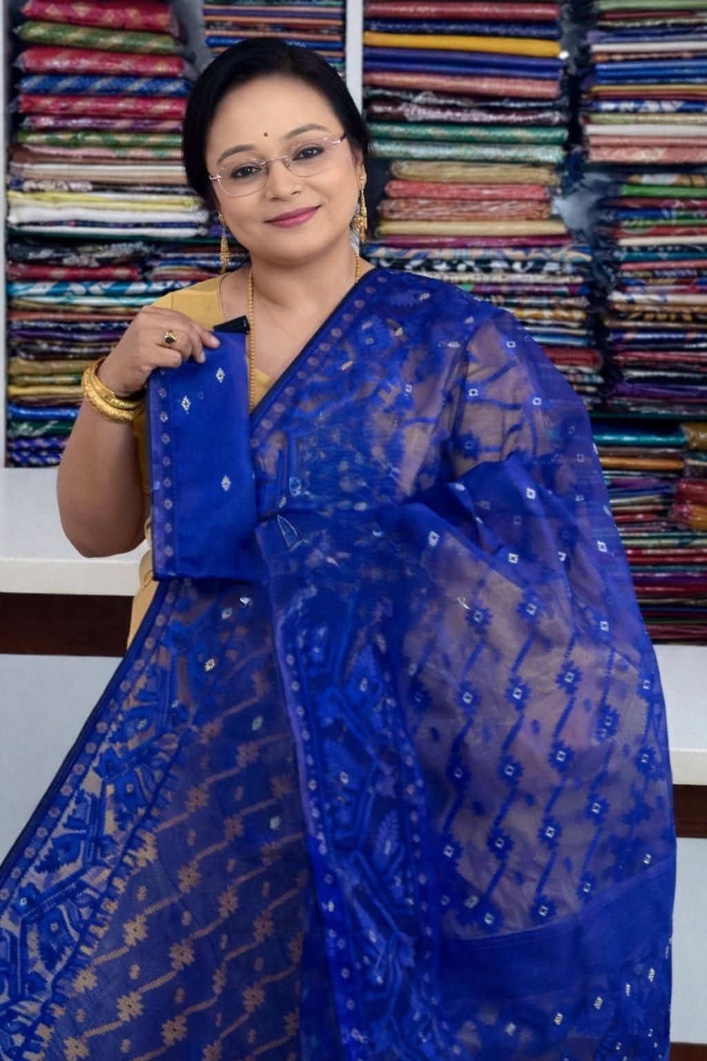 Navy Blue Soft Buti Jamdani Sari With Blouse Piece