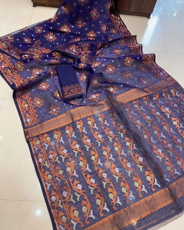 Navy Blue Soft Joriwork Jamdani Sari With Blouse Piece