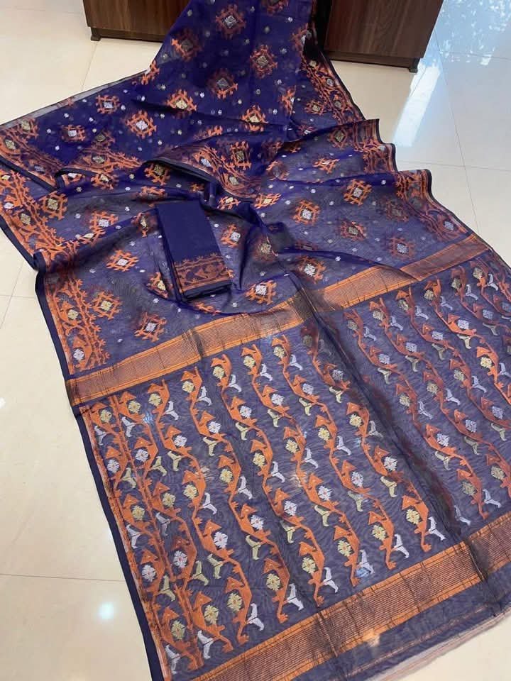 Navy Blue Soft Joriwork Jamdani Sari With Blouse Piece