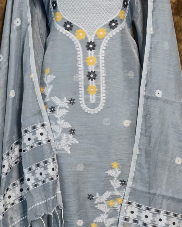 Nayan Tara Dark Gray Muga Cotton Unstitched Jamdani Suit Set