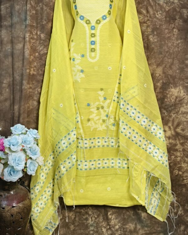 Nayan Tara Lemon Yellow Muga Cotton Unstitched Jamdani Suit Set