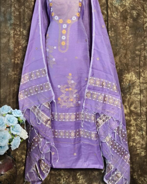 Nayan Tara Pale Purple Muga Cotton Unstitched Jamdani Suit Set