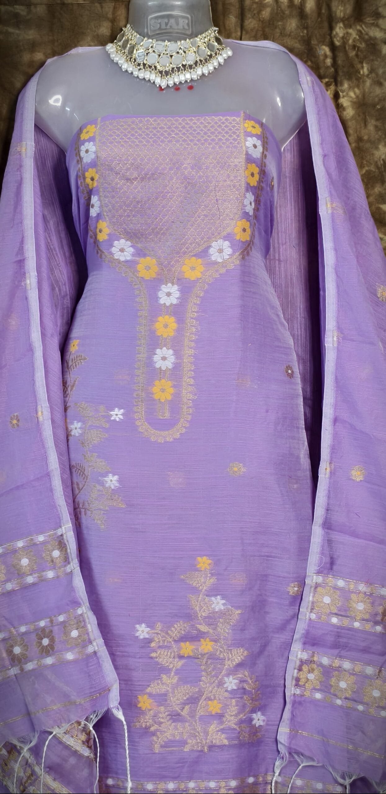 Nayan Tara Pale Purple Muga Cotton Unstitched Jamdani Suit Set - Image 2