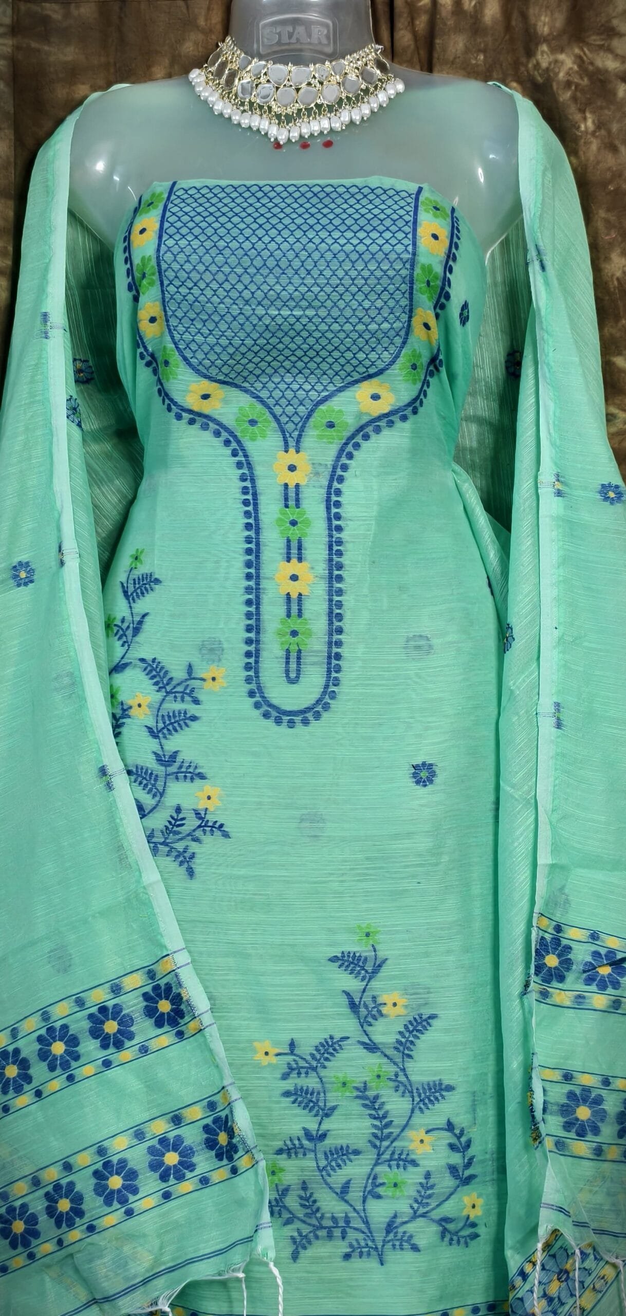 Nayan Tara Pale Teal Muga Cotton Unstitched Jamdani Suit Set - Image 2