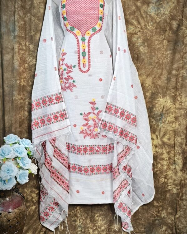 Nayan Tara White Muga Cotton Unstitched Jamdani Suit Set