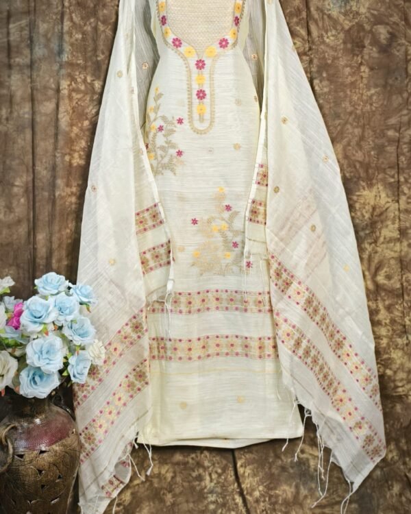 Nayan Tara White Muga Cotton Unstitched Jamdani Suit Set