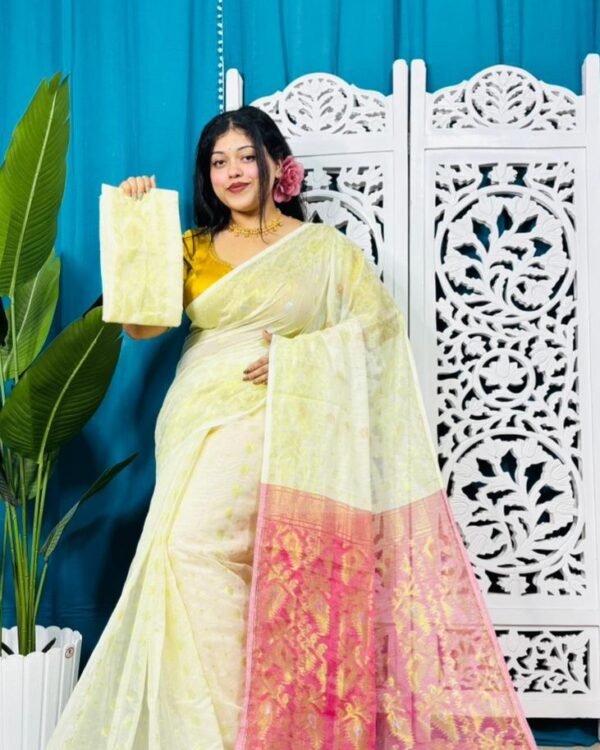 Off White Soft Golden Buti Jamdani Sari With Blouse Piece