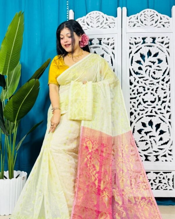 Off White Soft Golden Buti Jamdani Sari With Blouse Piece