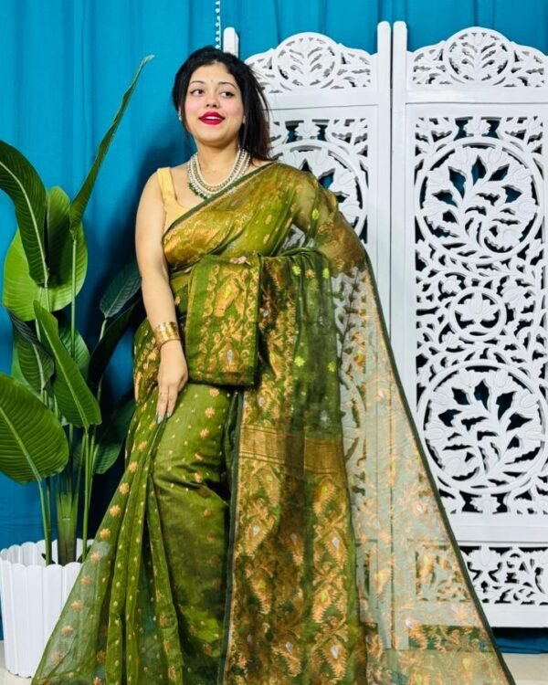 Olive Soft Golden Buti Jamdani Sari With Blouse Piece