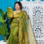 Olive Soft Golden Buti Jamdani Sari With Blouse Piece