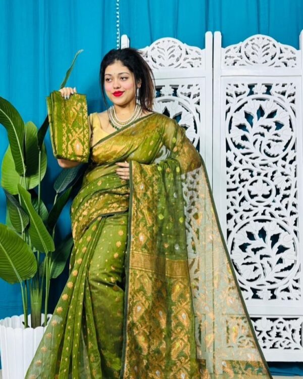 Olive Soft Golden Buti Jamdani Sari With Blouse Piece