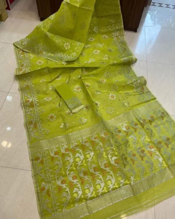 Olive Green Soft Joriwork Jamdani Sari With Blouse Piece