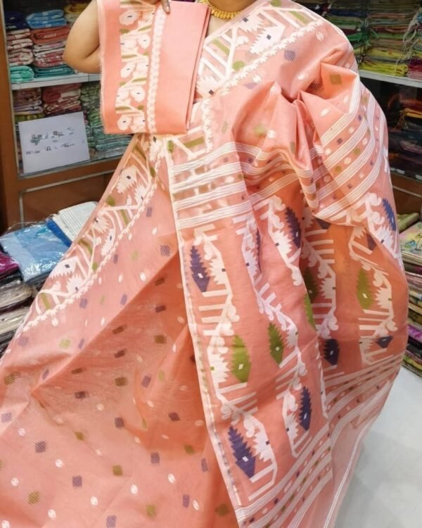 Orange Salmon Soft Dhakai Jamdani Sari With Blouse Piece