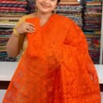 Orangy Red Soft Buti Jamdani Sari With Blouse Piece