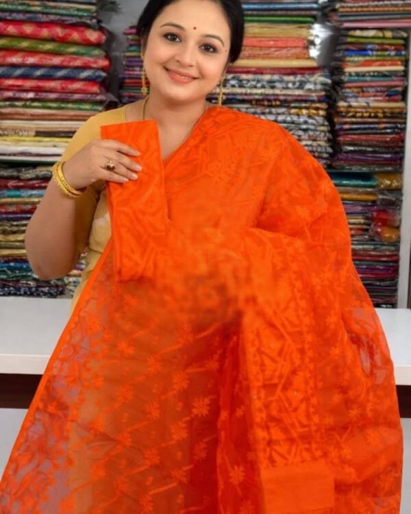 Orangy Red Soft Buti Jamdani Sari With Blouse Piece