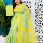 Pale Olive Soft Lota Jamdani Sari With Blouse Piece