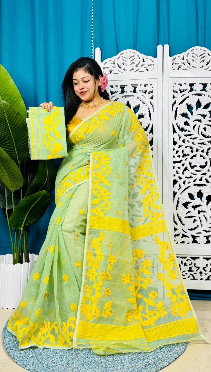 Pale Olive Soft Lota Jamdani Sari With Blouse Piece