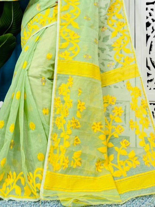 Pale Olive Soft Lota Jamdani Sari With Blouse Piece