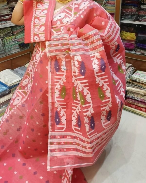 Pale Red Soft Dhakai Jamdani Sari With Blouse Piece