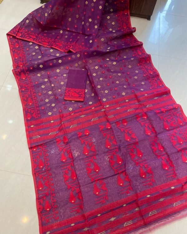 Pansy Purple Soft Buti Karat Jamdani Sari With Blouse Piece