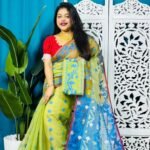 Pea Green Korat Buti Soft Jamdani Sari With Blouse Piece