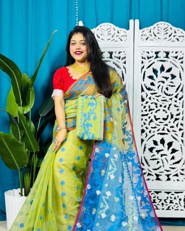 Pea Green Korat Buti Soft Jamdani Sari With Blouse Piece