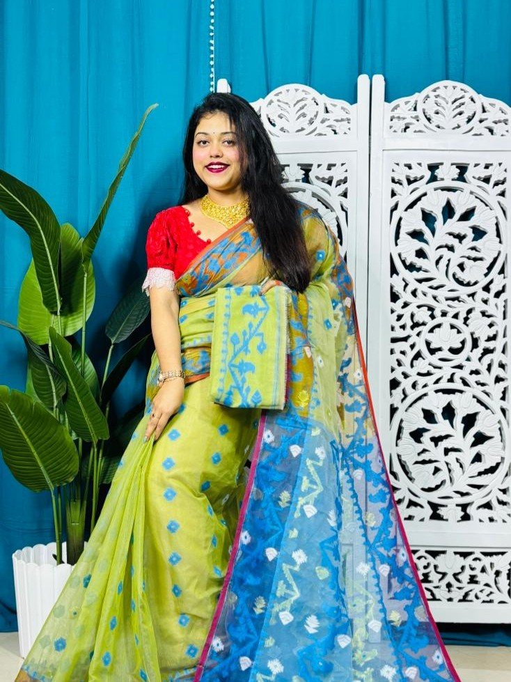 Pea Green Korat Buti Soft Jamdani Sari With Blouse Piece